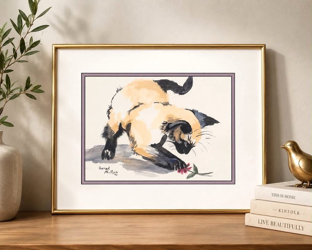 Vintage 1993 Signed Watercolor Siamese Cat Painting Sarah Phillips Framed 20x15